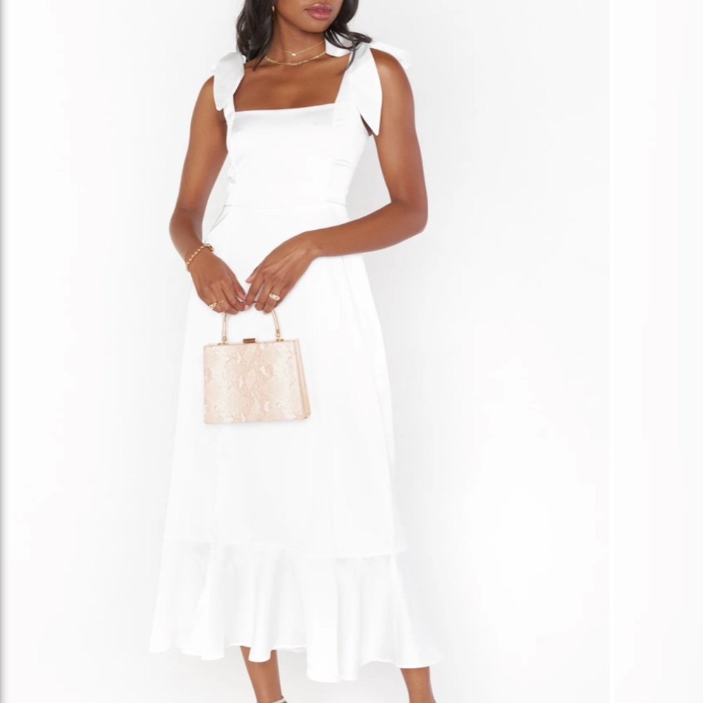 Show Me Your Mumu Garden Midi Dress in Ivory Luxe Satin